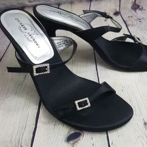 Black satin double strap dress sandles